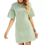 Spring Womens Dress Round Neck Ruffle Sleeves Mid Waist Solid Color Casual Wear for Outdoor Even