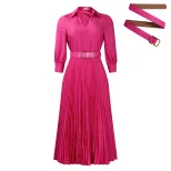 Plus Size Womens Dress Elegant Solid Color Flared Skirt Pleated Design Lapel Collar Autumn Winte