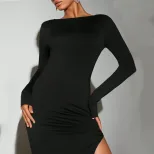 Elegant Midi Dress Sexy Backless Design Round Neck Long Sleeve Autumn Winter Fashion Wholesale A