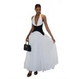 Summer Womens Dress Fashionable Sexy V Neck Halter Neck Color Block Waist Defined Perfect for Pa