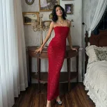 Red Lace Strapless Bodycon Maxi Dress French Style Elegant Fit High Quality Fabric Perfect for E