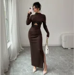 Elegant Long Sleeve Bodycon Dress Sexy Side Slit Waist Cutout Mid Length Spring Summer Fashion W