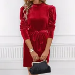 Velvet Bodycon Dress Elegant Tie Waist Long Sleeve Slim Fit Perfect for Parties and Events Whole