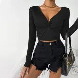 V Neck Long Sleeve T Shirt Slim Fit Minimalist Design Spring Summer Style Womens Casual Wear Who