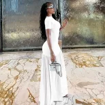Elegant Womens Midi Dress Round Neck Short Sleeve Bodycon Fit Pleated Color Block Casual or Even