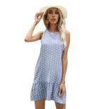 Sleeveless Ruffle Hem Dress Round Neck Polka Dot Pattern Summer Casual Wear Available in Blue Wholesale Sizes S