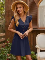 High Waist Sleeveless Dress Ruffle Hem Button Detail Elegant Style Perfect for Summer Events Who