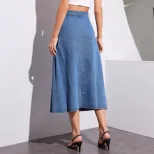 High Waisted Denim Midi Skirt Button Detail Trendy Design Casual Style Wholesale Availability