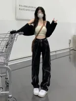 美式高街牛仔裤女2023春季新款分割线直筒宽松阔腿垂感拖地长裤潮