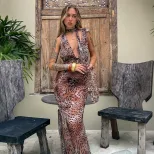 Summer Womens Bodycon Dress Sexy Deep V Neck Halter Backless Leopard Print Perfect for Parties a