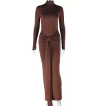 Solid Color Midi Dress Round Neck Long Sleeve Casual Style Streetwear Essential for Trendy Outfi