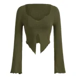 Irregular Split Long Sleeve T Shirt for Women Trendy European Style Ribbed Knit Fabric Versatile