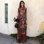 Womens Long Tunic Top Fashionable Round Neck Unique Print Slim Fit High Split Spring Style Whole