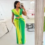 Color Block Hollow Out Bodycon Dress Gradient V Neck Long Sleeve Trendy Style Perfect for Street