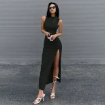 Sleeveless Maxi Dress Round Neck Slim Fit Solid Color Elegant Style Summer Casual Wear Wholesale