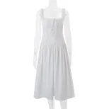 Elegant French Style Summer Dress for Women Square Neck Ruffled Hem Slim Fit Adjustable Straps P