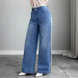 Loose Fit Pearl Lace Wide Leg Jeans Simple Fresh Design Casual Wear for Women Wholesale Availabl
