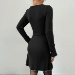 Elegant Black and White Color Block Knit Dress Flared Sleeves Slim Fit A Line Silhouette Perfect