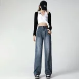 跨境牛仔裤女2023春季新款韩版做旧宽松拖地垂坠感百搭显瘦直筒裤