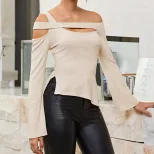 Off Shoulder Hollow Out Top Slim Fit Long Sleeve Side Slit Trendy Casual Wear for Women Wholesal