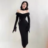 Elegant Long Sleeve Bodycon Dress Off Shoulder Design Fringe Detail High Waist Flared Sleeves Pe