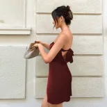 Satin Bodycon Dress Solid Color Off Shoulder Backless Slim Fit Evening Party Wear Wholesale Avai