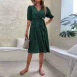 Summer Green Ruched Dress V Neck Tie Detail Fashionable Design Perfect for Casual Outings Wholes