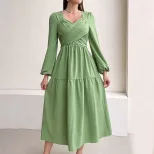 Elegant V Neck Midi Dress Fresh Spring Summer Style Youthful Green Color Wholesale Available OEM