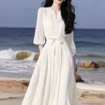 White Chiffon Dress for Women Elegant Fit Short Sleeve Round Neck Casual Summer Wear