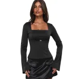 Black Womens Top Unique Design Square Neckline M Shaped Metal Buckle Ruffled Details Slim Fit Lo