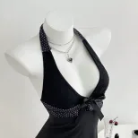 V Neck Halter Mini Dress Ruffled Hem Bow Tie Slim Fit Elegant Evening Wear Ready to Ship private