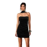 Summer Velvet Bodycon Dress Sleeveless Off Shoulder Ruched Design Elegant Party Wear Wholesale A