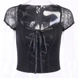 Lace Panel Short Sleeve Top Sexy Street Style Square Neck Slim Fit Womens Fashion for Casual Out