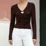 Vintage Brown V Neck Long Sleeve Top for Women Slim Fit Ruffled Design Knitted Fabric Perfect fo