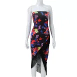 Summer Womens Strapless Dress Floral Print Fringe Hem Mid Length Beach Vacation Style Wholesale
