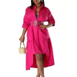 Womens Button Up Shirt Dress Solid Color Loose Fit Stylish Design Irregular Hem Casual Wear for