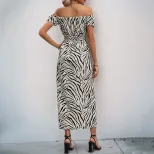 Zebra Print Puff Sleeve Off Shoulder Dress High Slit Elegant Design Perfect for Parties and Even