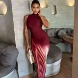 Sleeveless Stand Collar Dress Fashionable Floral Print Mid Length Sexy Elegant Bodycon Style Per