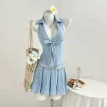 Summer Womens Short Dress V Neck Bow Tie Waist Defined Casual Wear for Parties or Outings Ready
