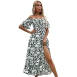 Summer Floral Off Shoulder Midi Dress Slim Fit Short Sleeve Waist Defining Casual Wear Wholesale