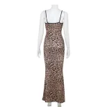 Fashionable Leopard Print Dress for Women Low Cut Neckline Lace Trim Backless Design Perfect for