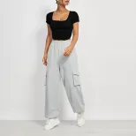 Slim Fit Short Sleeve Knitted T Shirt Square Neck Irregular Hem Casual Style Summer Womens Activ