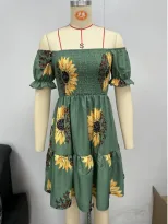 Short Sleeve Off Shoulder Ruched Floral Dress Waist Defined Elegant Design Perfect for Summer Ev