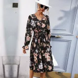 Printed Long Sleeve Dress Pleated Design Mid Length Fashionable for Women Perfect for Casual or