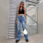 High Waisted Ripped Denim Trousers Loose Fit Floor Length Trendy Style Casual Wear for Women Who