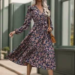 Floral Print V Neck Long Sleeve Dress Ruffled Hem Autumn Style Womens Fashion for Casual Occasio