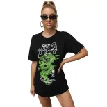 Loose Fit Black T Shirt Summer Floral Print Short Sleeve European and American Style Casual Wear