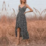 Summer Womens Irregular Hem Dress Sexy Floral Print V Neck Spaghetti Straps Casual Party Wear Wh