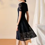 Lace Hollow Out Midi Dress for Women Round Neck Short Sleeve Summer Casual Wear