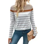 Vintage Striped Long Sleeve T Shirt for Women Simple Design Autumn Fashion Versatile Layering Wh